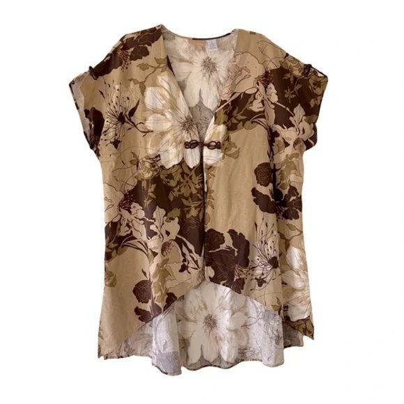 Soft Focus | Brown Boho Floral Linen Blend Short Sleeve Duster Cardigan, 1X - Picture 1 of 8